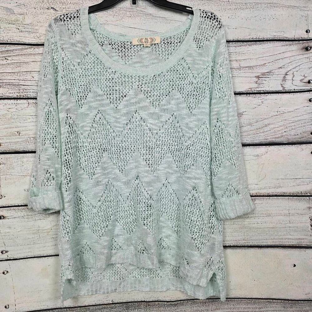 Pink Rose 1X Mint Green Open Knit Chevron Sweater